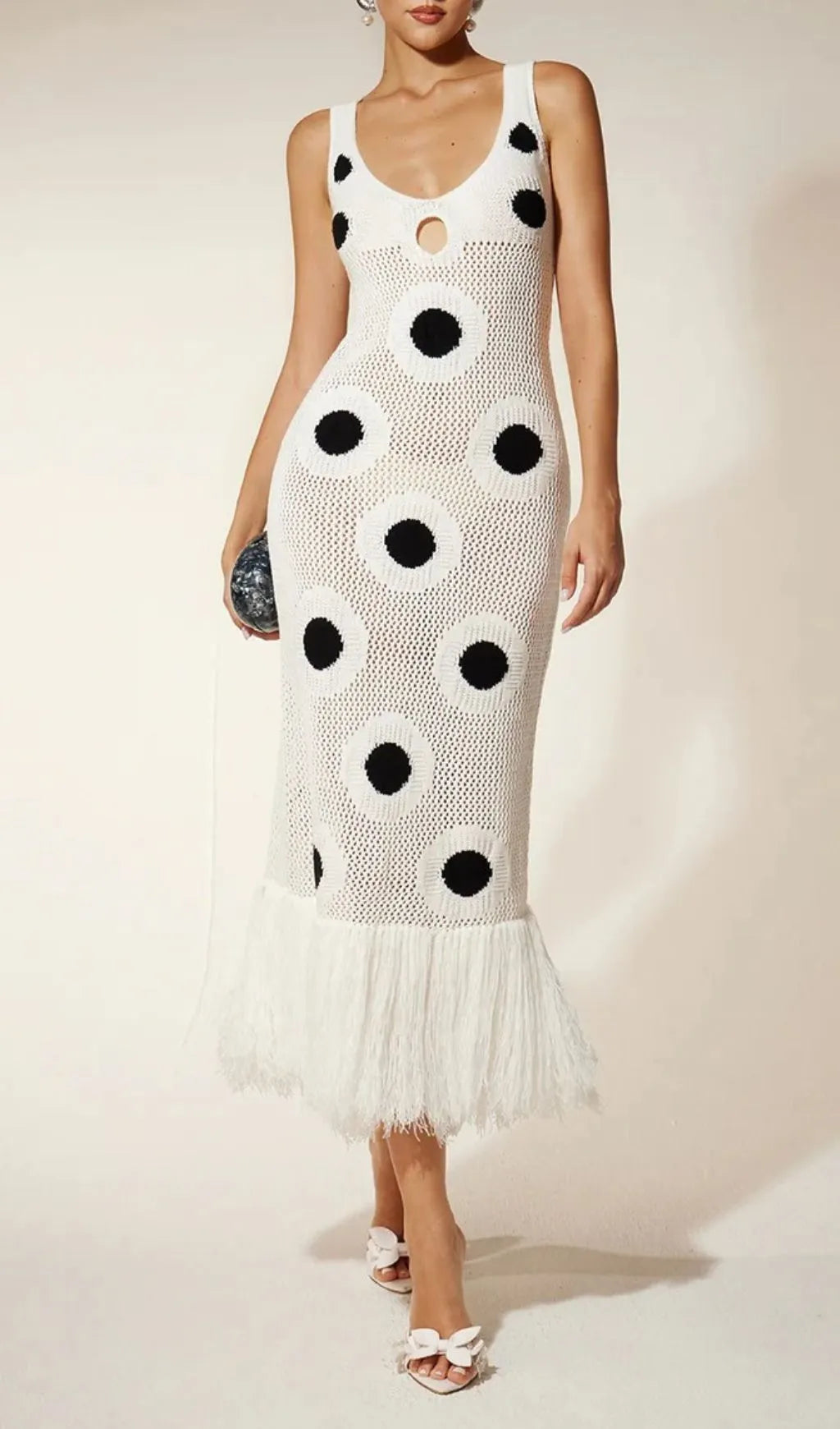 Gaelion Dot Fringe Knitted Midi Dress In White Flowering Girl