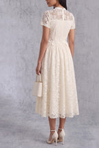Cream Lace Tie Neck Short Sleeve A-Line Midi Dress Flowering Girl