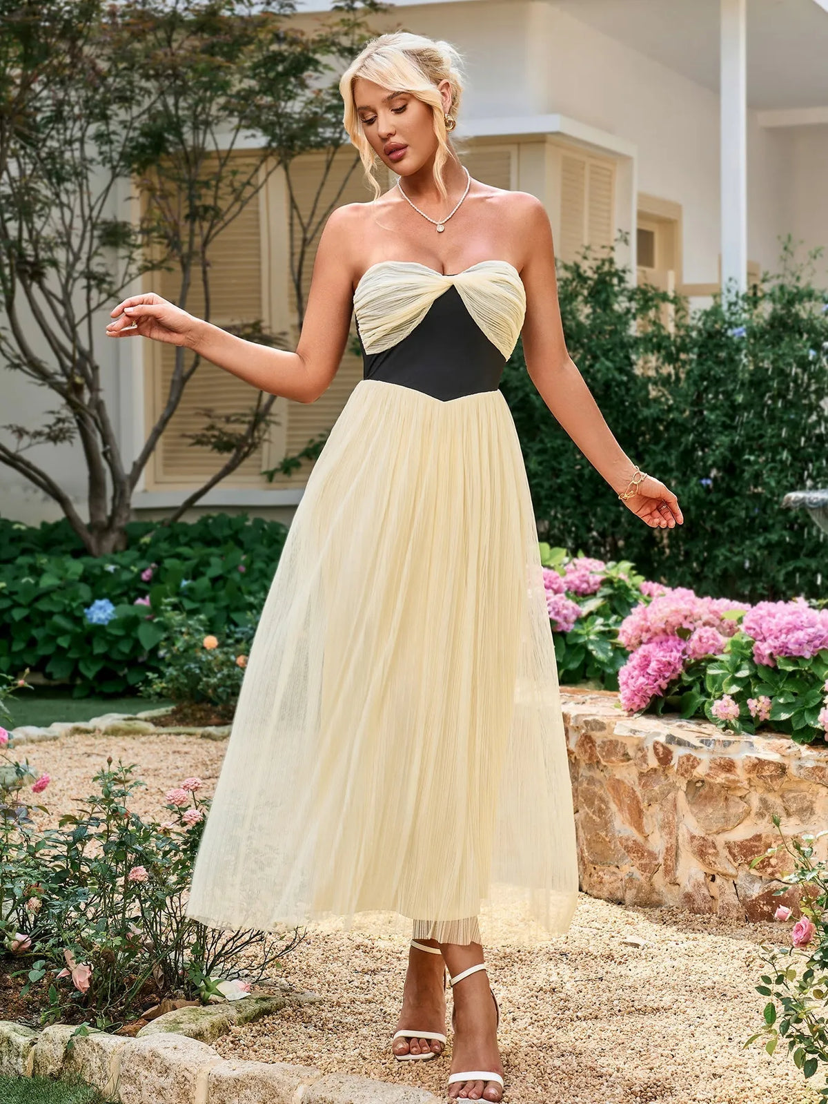 Olga Hepburn Sleeveless Strapless Backless Ruched Bandeau Midi Dress Flowering Girl