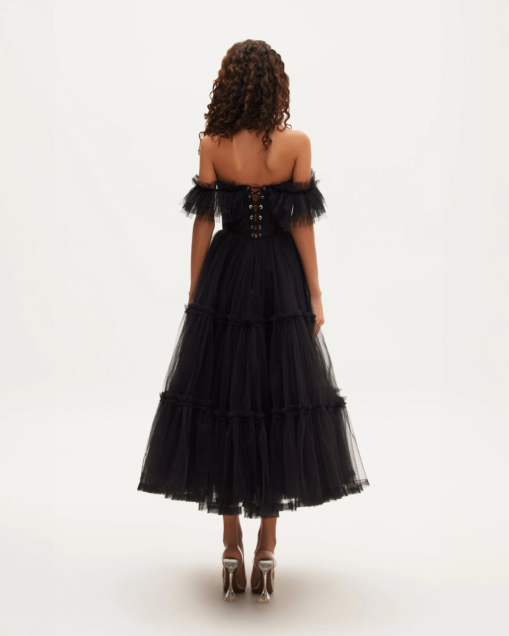 Black Ruffled Tulle Midi Dress Flowering Girl