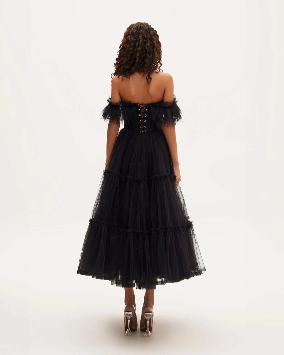 Black Ruffled Tulle Midi Dress Flowering Girl