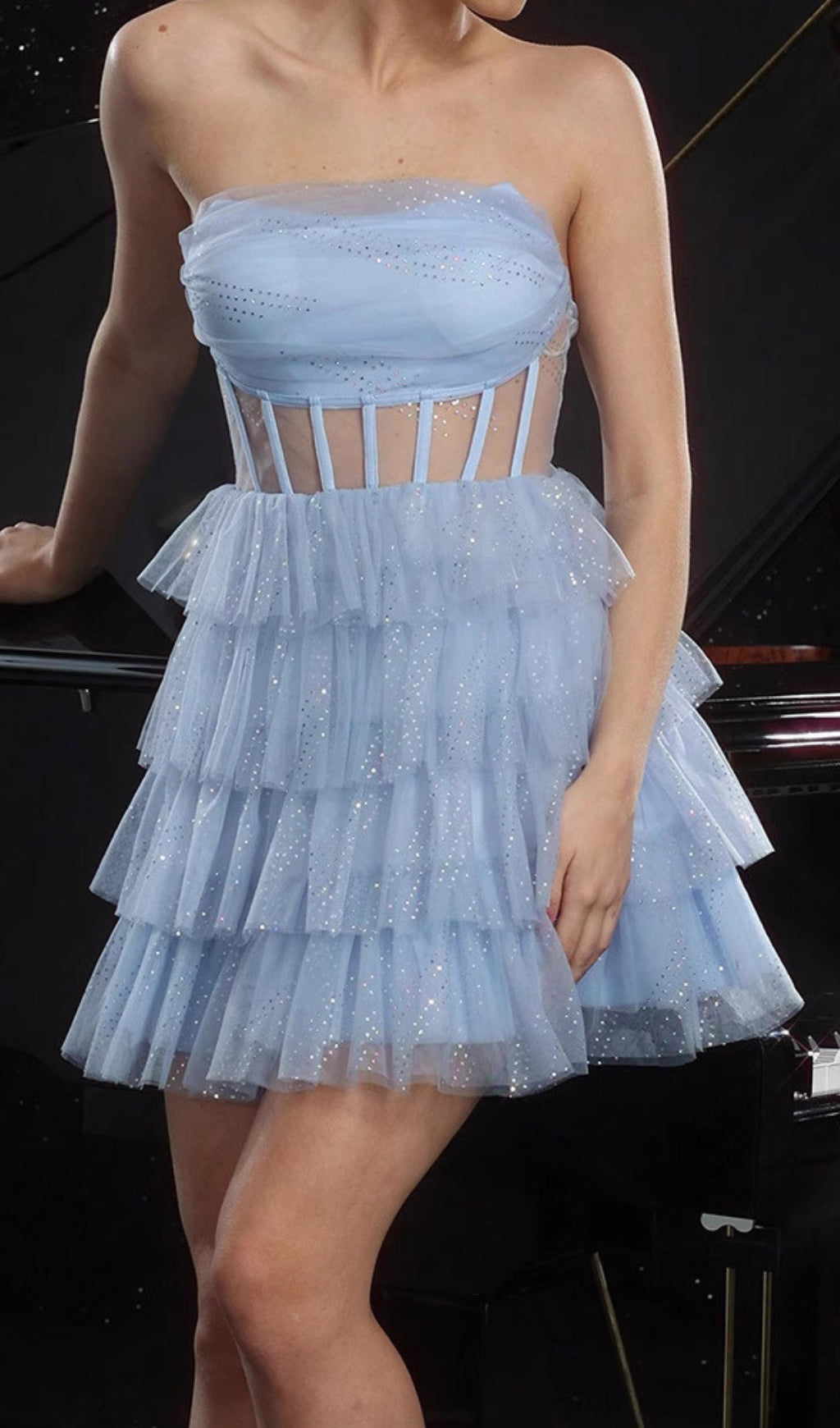 Dembe Blue Strapless Corset Mesh Mini Dress Flowering Girl