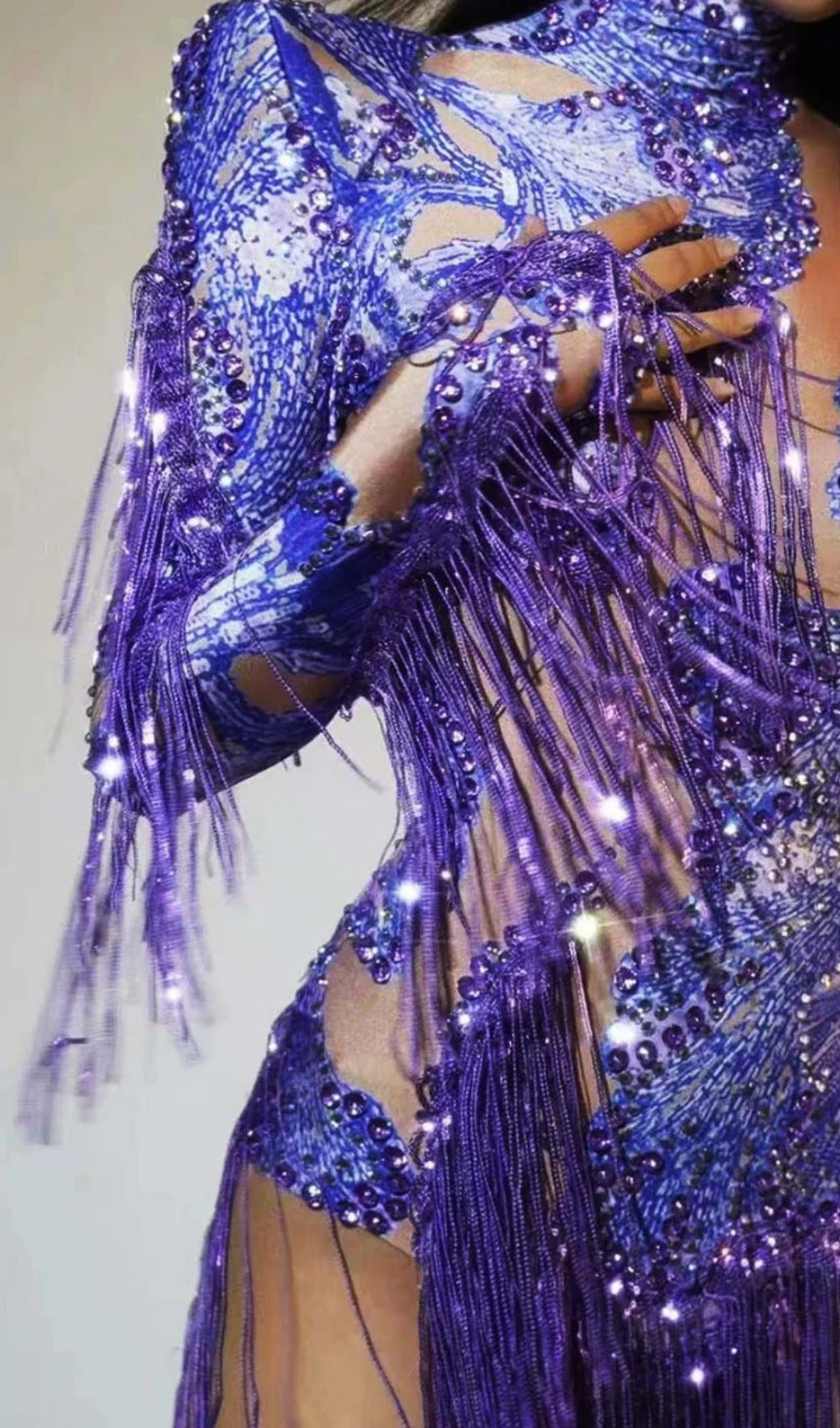 Shatora One Shoulder Rhinestone Fringe Bodysuit In Purple Flowering Girl