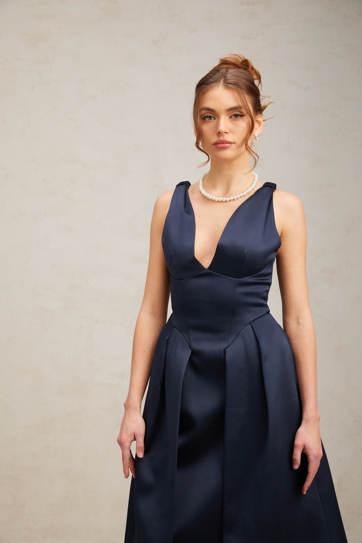 Chantale blue twist-detail satin midi dress Flowering Girl