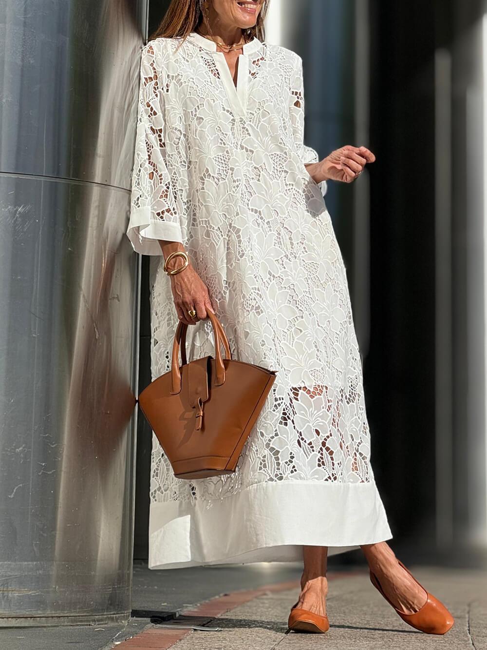 Flower Lace V-Neck Bell Sleeve Loose Midi Dress Flowering Girl