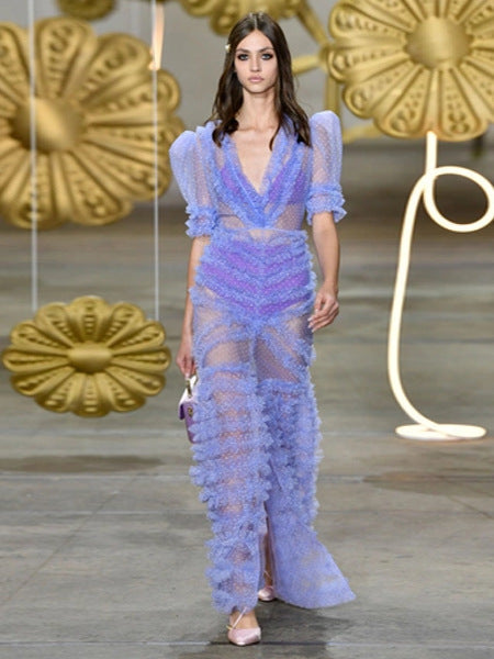 v-neckline tiered mesh gown in blue Flowering Girl