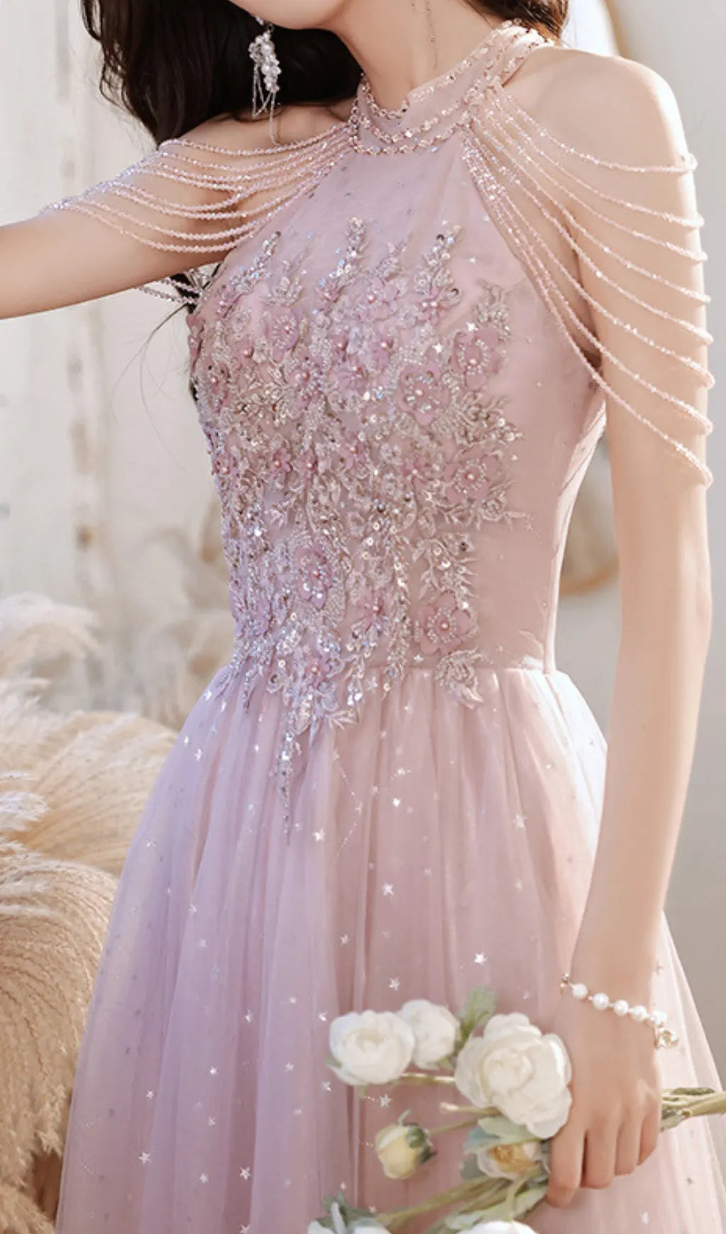 Cleon Halter Flower Sequin Maxi Dress Flowering Girl