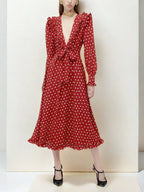 Red Long Sleeve Polka Dot Midi Dress Flowering Girl