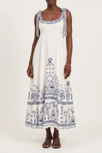 Square Neck Folk Embroidered Midi Dress Flowering Girl