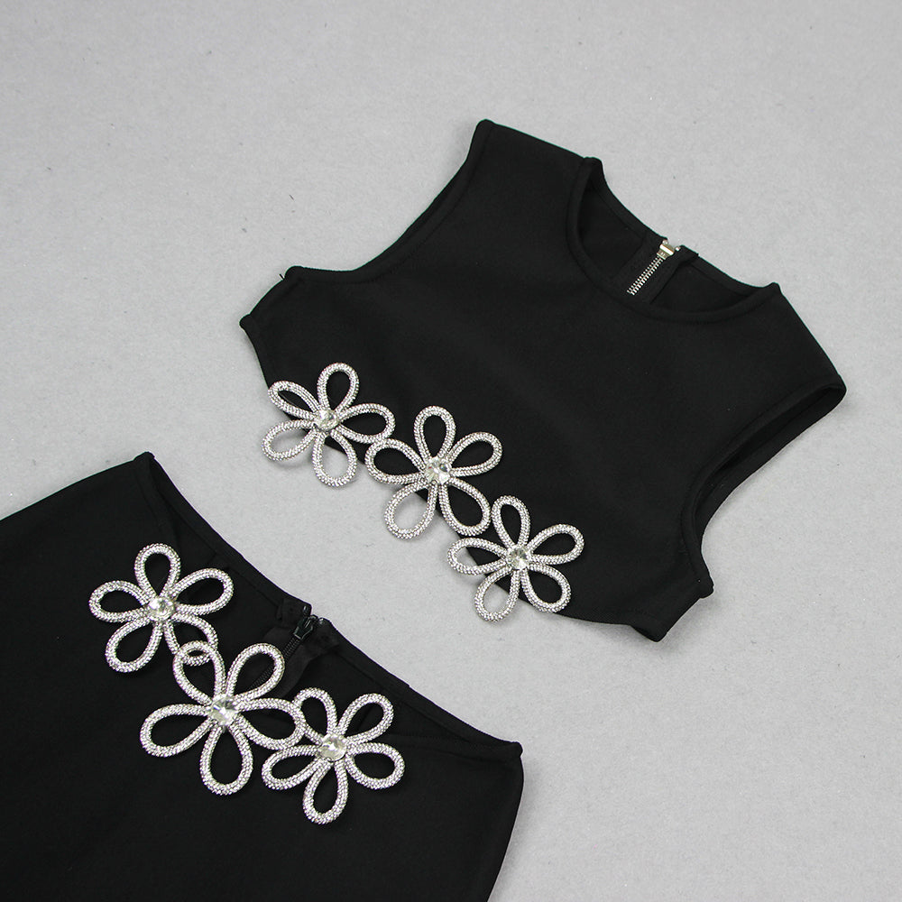 Hollow Sleeveless Hot Rhinestone Top & Dress Set