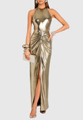 Berton Gold Halter Ruched Backless Split Maxi Dress Flowering Girl
