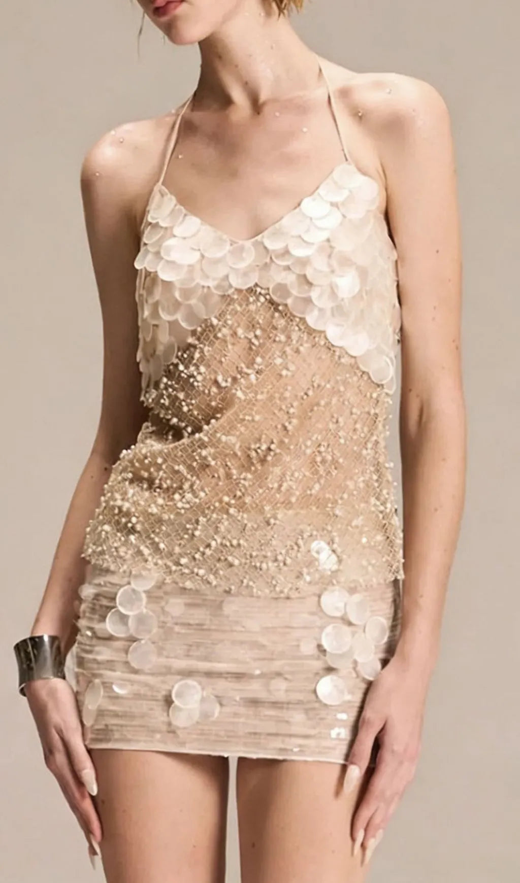 Keila Halter Sequin Beaded Mini Dress Flowering Girl