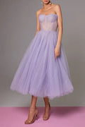 Lavender Strapless Puffy Midi Tulle Dress Flowering Girl