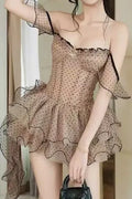 Off Shoulder Polka Dot Mesh Ruffle Mini Dress Flowering Girl