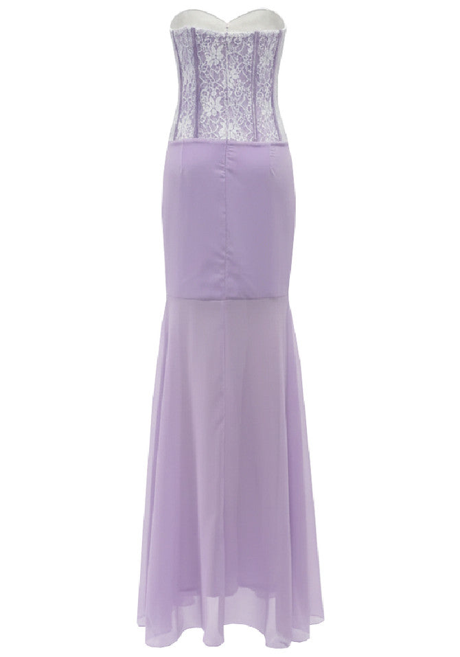 Sigrid 3D Flower Strapless Fishtail Maxi Dress In Purple Flowering Girl