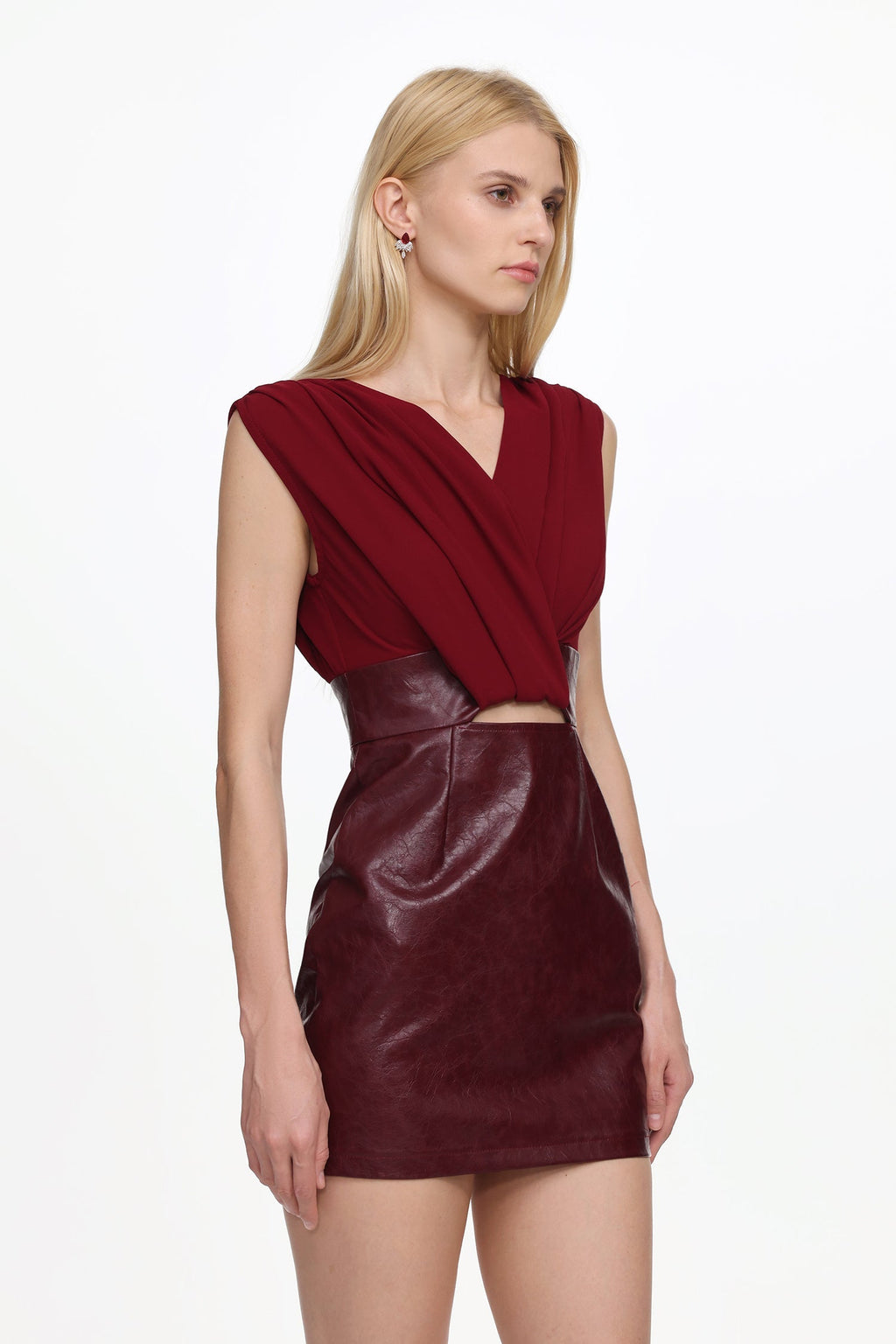 Ferina V Neck Ruched Faux Leather Mini Dress Flowering Girl