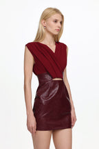 Ferina V Neck Ruched Faux Leather Mini Dress Flowering Girl