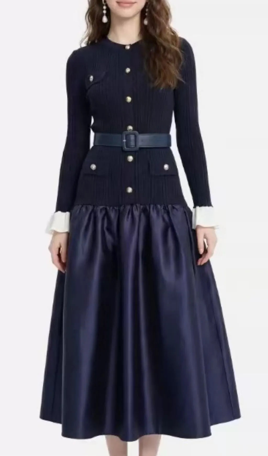 Kawena Navy Knit Long Sleeve Midi Dress Flowering Girl
