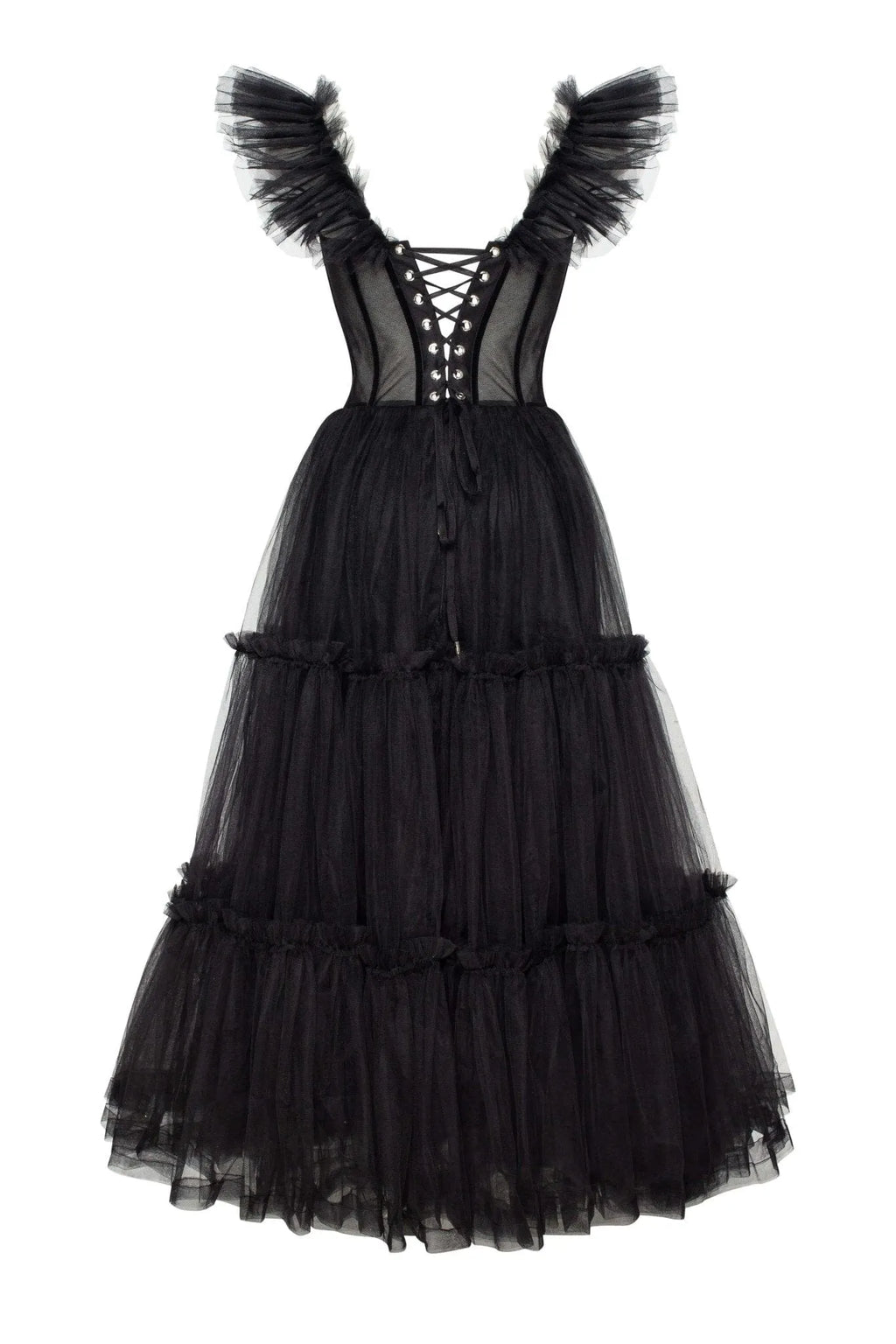 Black Ruffled Tulle Midi Dress Flowering Girl