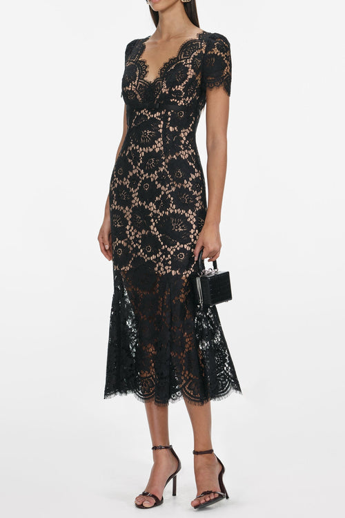 Ashley Floral Lace Hollow Midi Dress In Black Flowering Girl