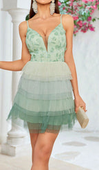 Haroun Green Flower Mesh Mini Dress Flowering Girl
