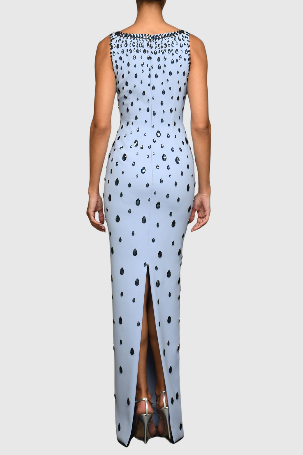 Crepe Raindrops Embroidery Maxi Dress In Blue Flowering Girl