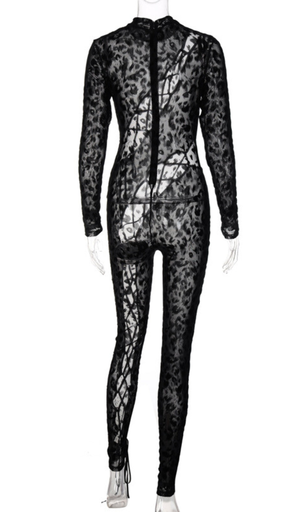 Lace Up Leopard Printed Mesh Jumpsuit Flowering Girl