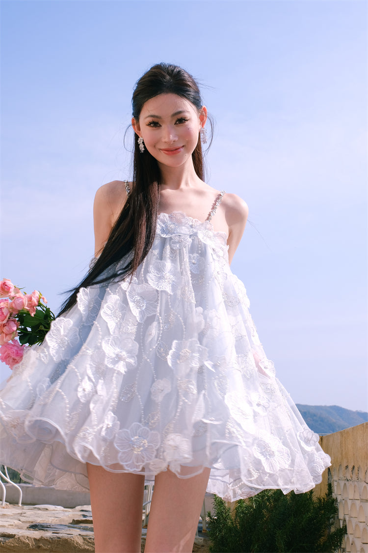 Tutu Light Blue Sleeveless Flower Diamond Short Doll Dress Flowering Girl