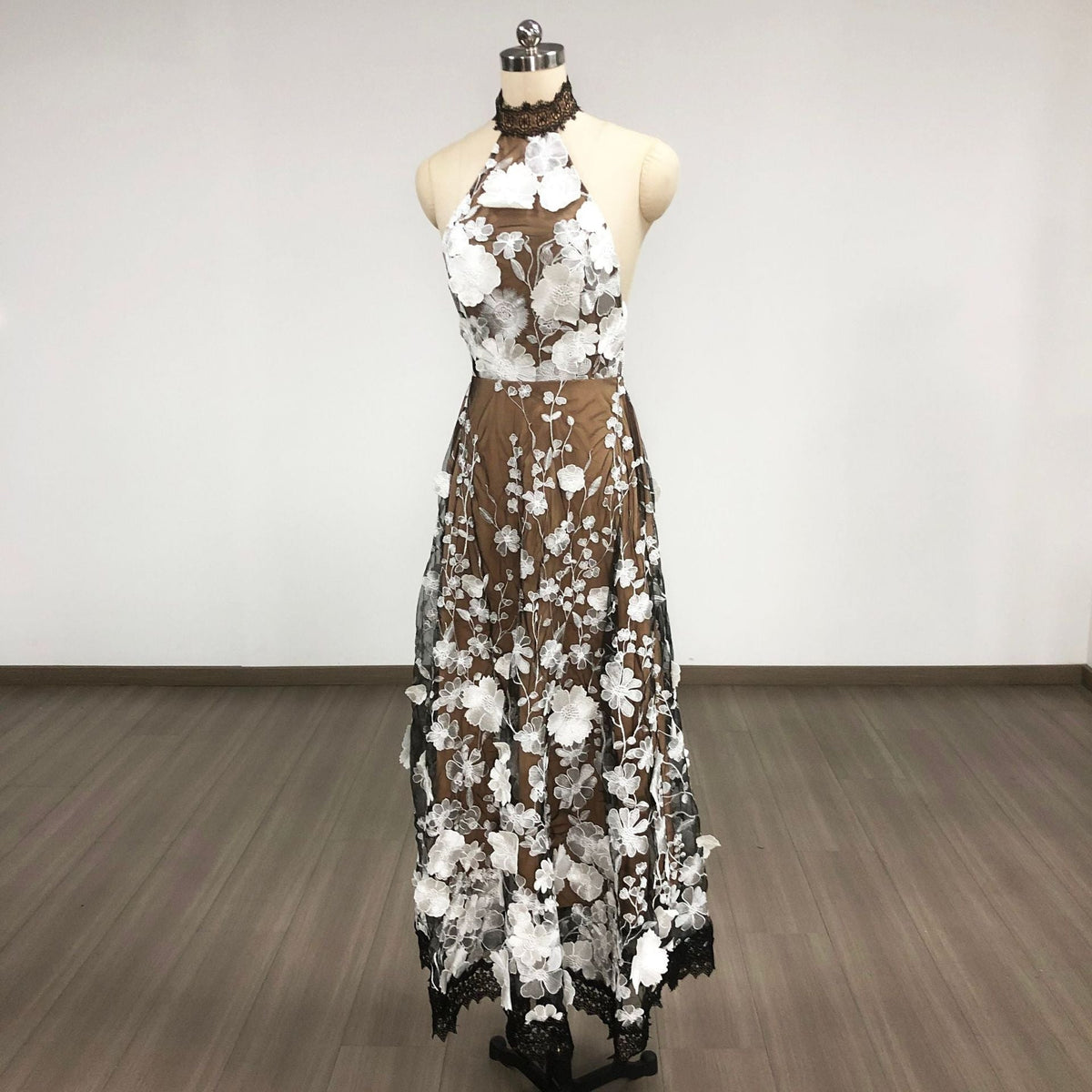 Alyssa Black Halter Floral Embroidered Midi Dress Flowering Girl