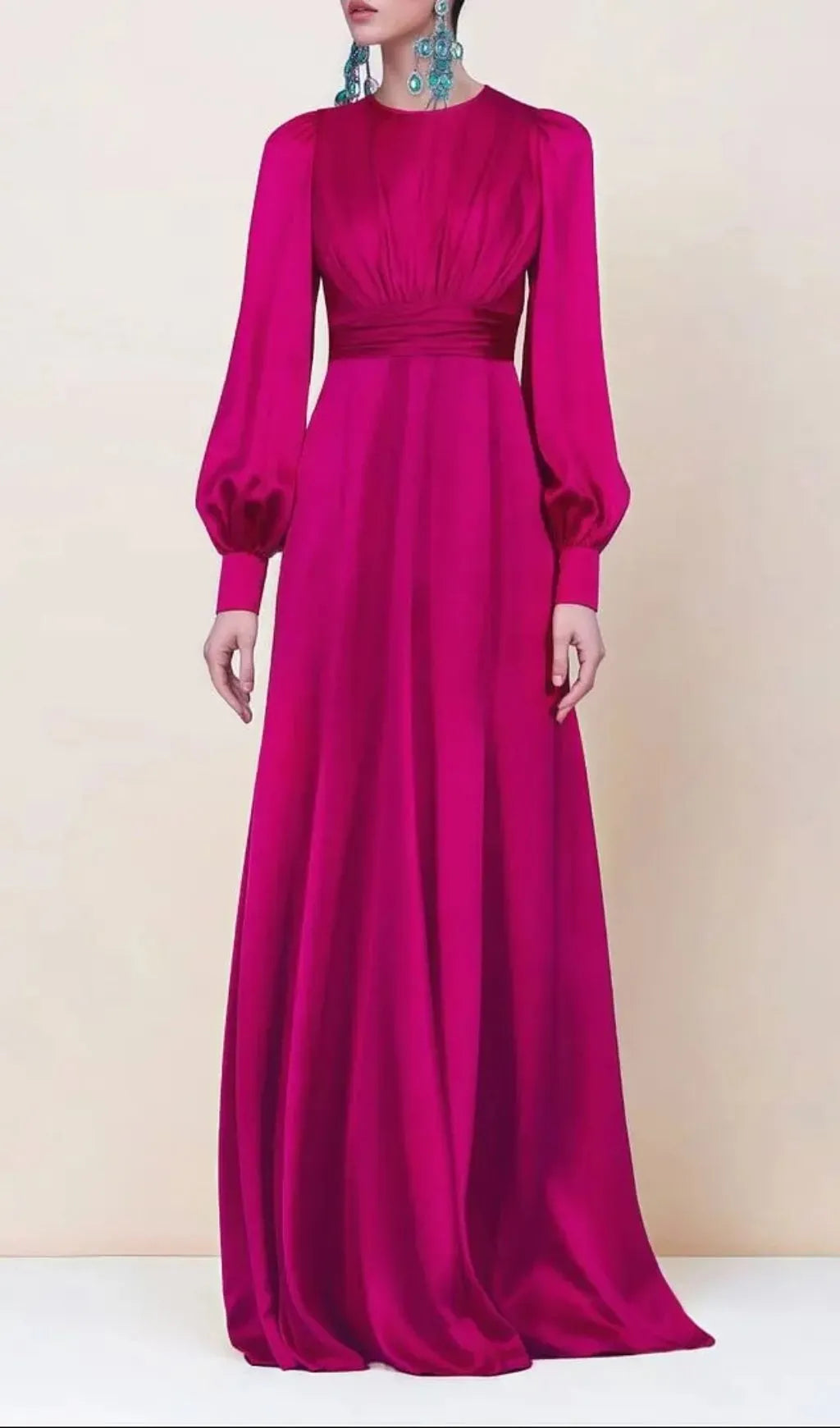 Fuchsia Satin Long Sleeve Maxi Dress With Gathered Waist Flowering Girl