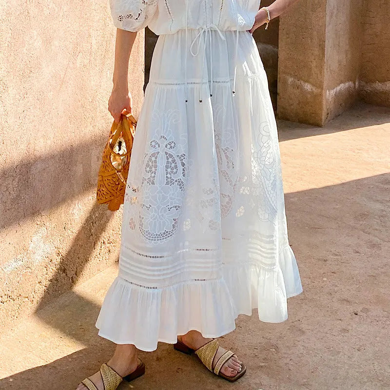 White Eyelet Lace Tiered Maxi Dress With Puff Sleeves Flowering Girl