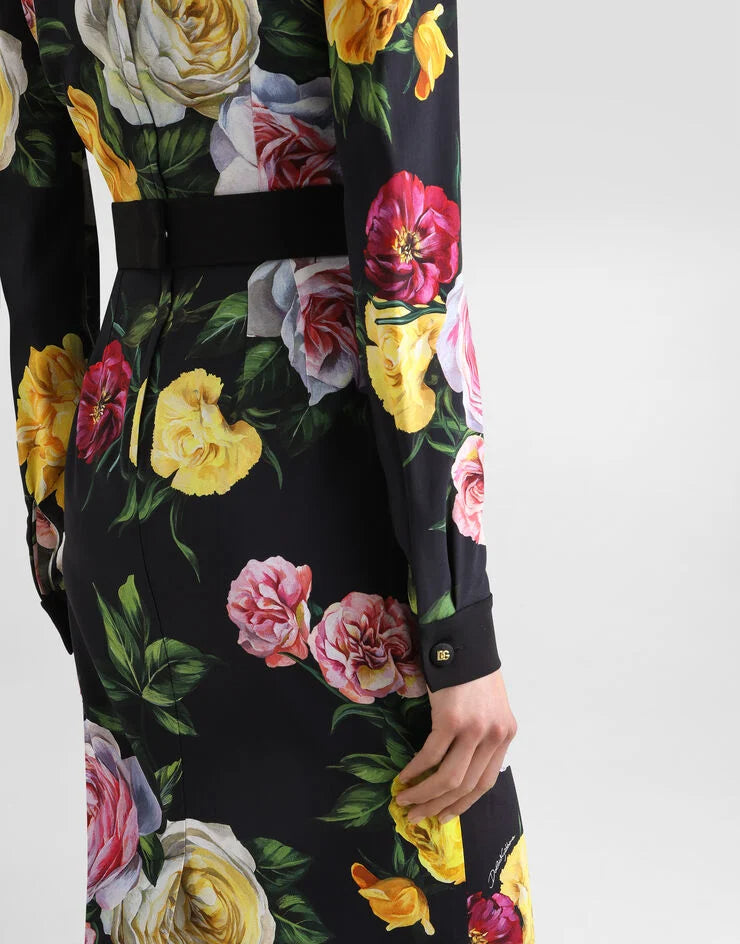 Bernice Rose Print Shirt Midi Dress In Black Flowering Girl