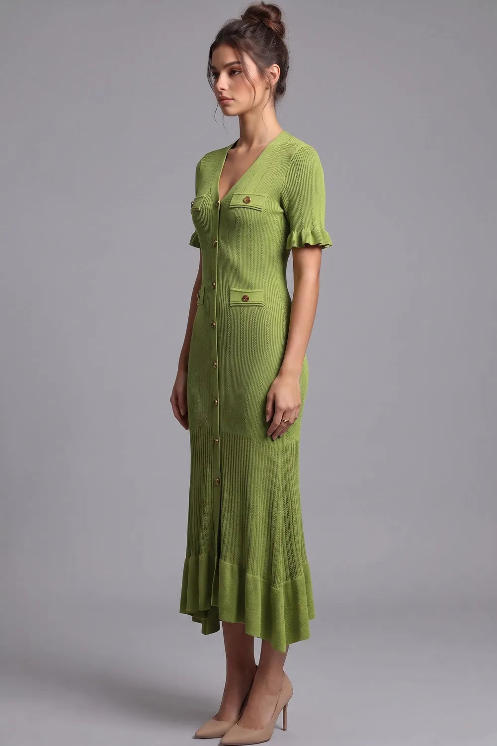 Olive Green Ribbed Knit A-Line Trumpet Midi Dress Flowering Girl
