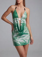 Maira Green Halter Printed Backless Mini Dress Flowering Girl