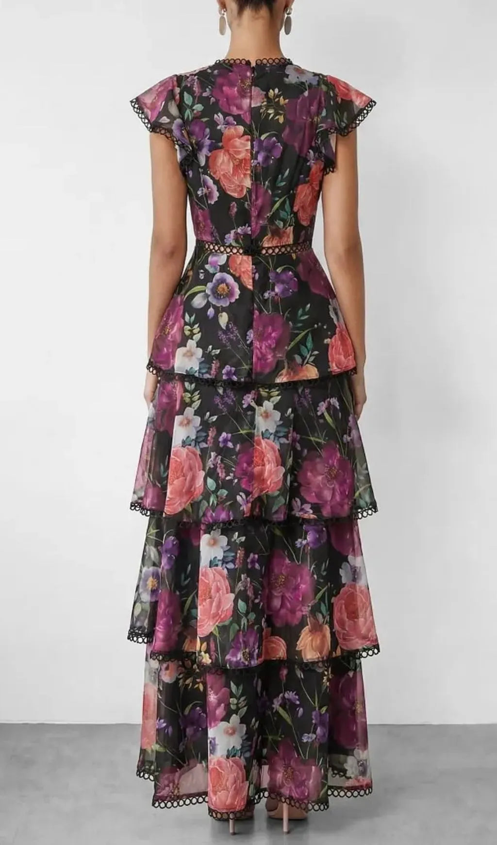 Black Floral Print Tiered Ruffle Maxi Dress Flowering Girl