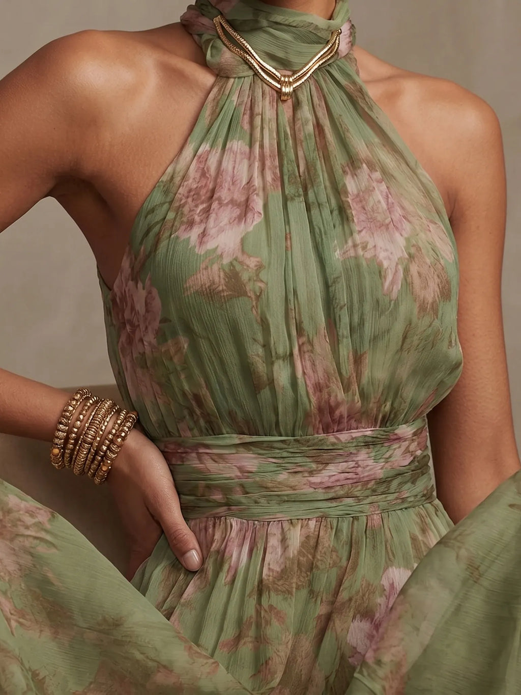 Polly Green Floral Chiffon Halter Maxi Dress Flowering Girl