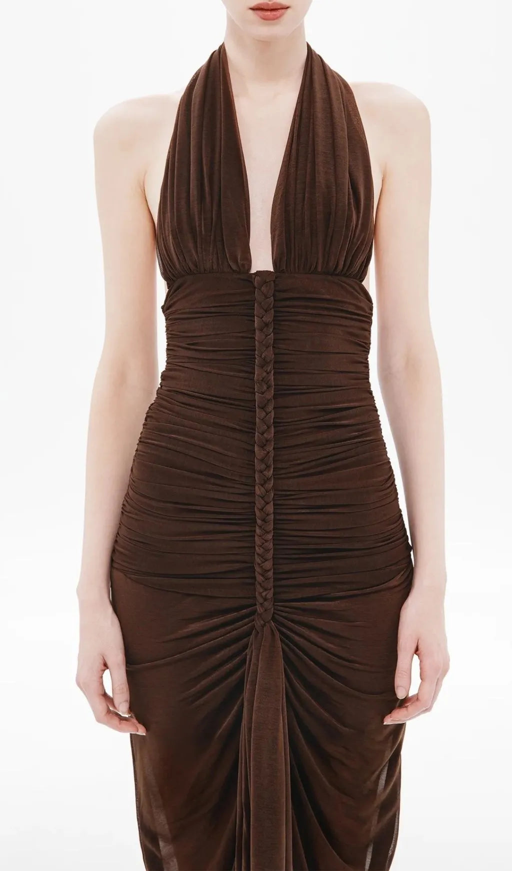 Nancy V-Neck Pleated Braided Bodycon Maxi Dress - Brown Flowering Girl