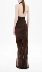 Nancy V-Neck Pleated Braided Bodycon Maxi Dress - Brown Flowering Girl