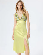 Green Floral V-Neck Lace-Up Backless Satin Panel Side Slit Dress Flowering Girl