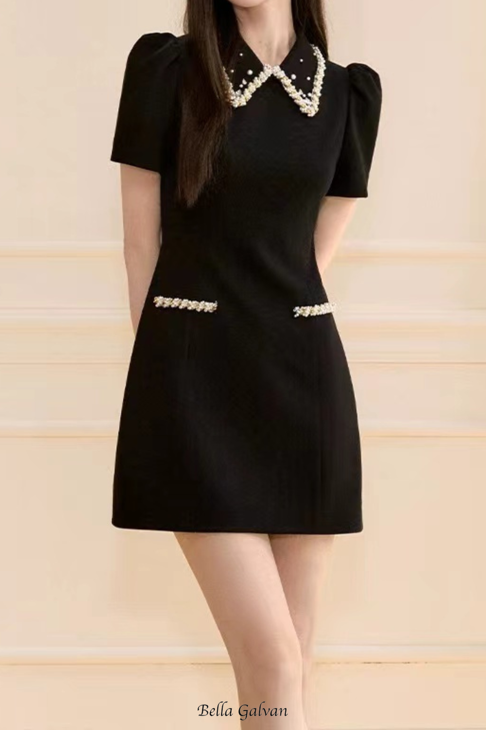 pearl embellished gold chain puff mini dress in black Flowering Girl