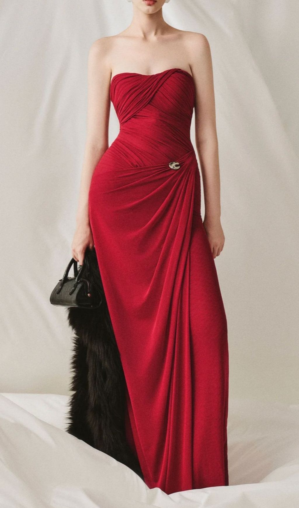 Lacey Red Ruched Maxi Dress Flowering Girl