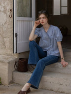 Blue Cotton Asymmetrical Striped Puff-Sleeve Shirt Flowering Girl