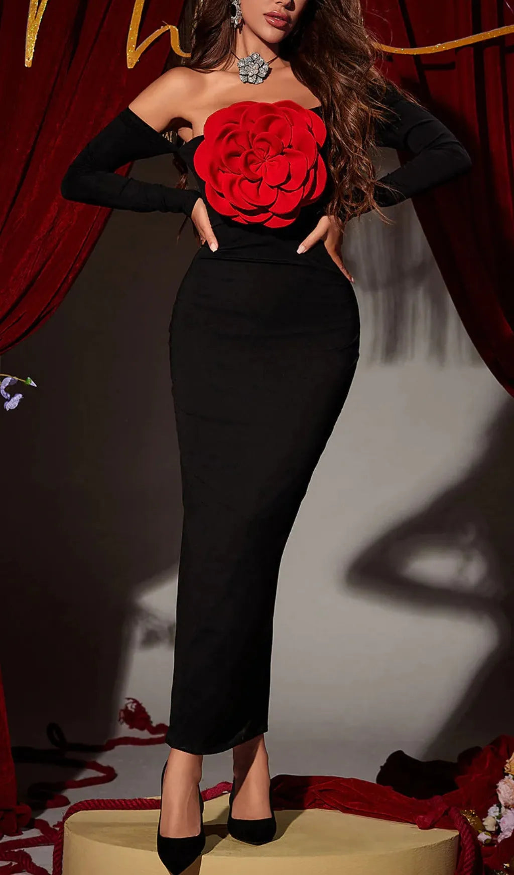 Arlene Off Shoulder Red Flower Maxi Dress