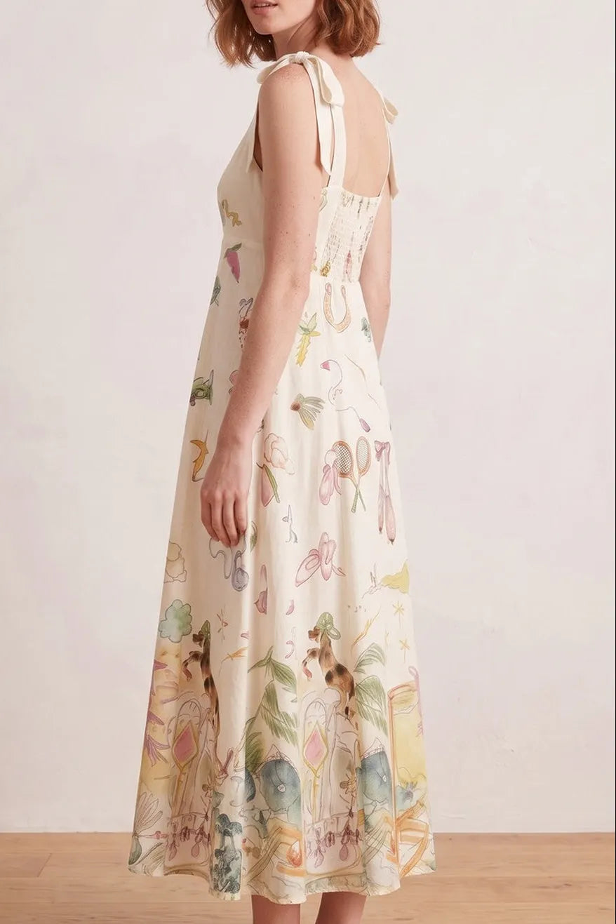 Bow Strap Whimsical Print Empire Midi Dress Flowering Girl