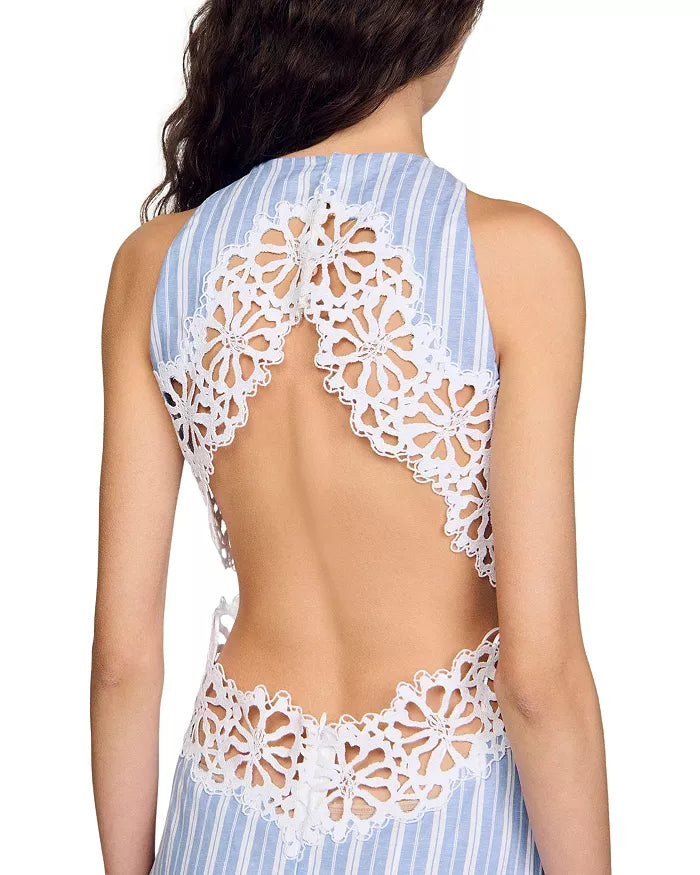 Hollow Lace Trim Maxi Dress In Blue Flowering Girl