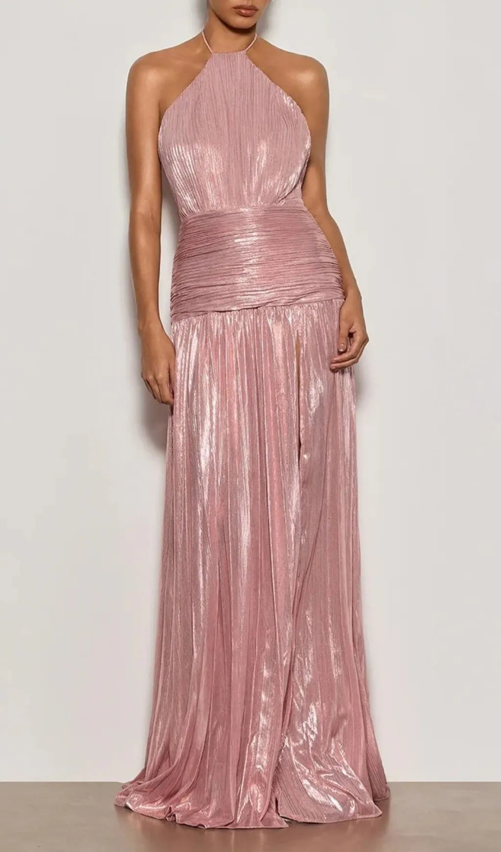 Syriona Halterneck Split Pleated Metallic Maxi Dress In Pink Flowering Girl