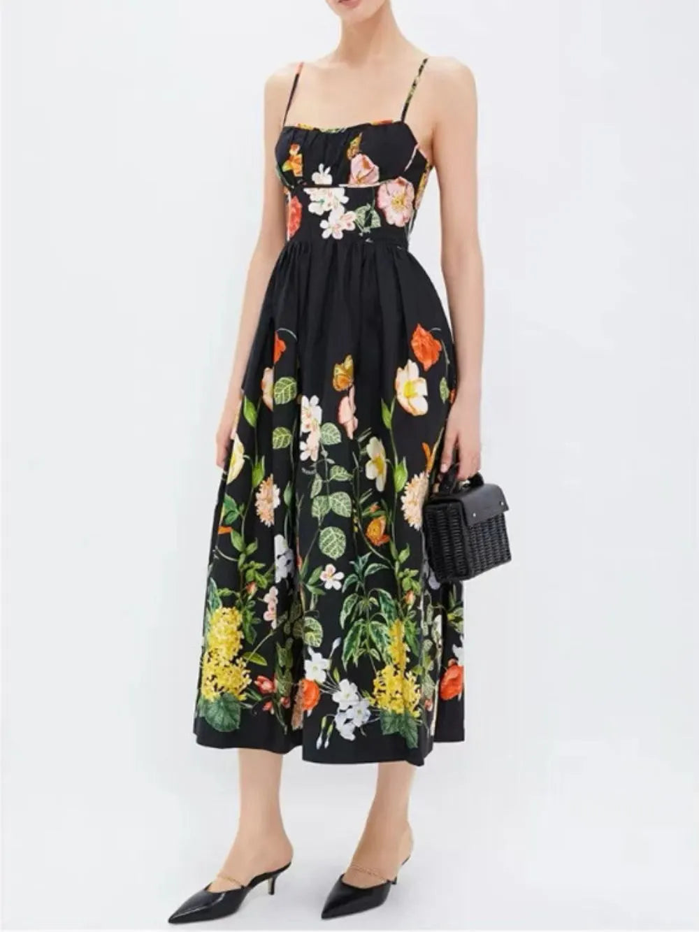 Meaza Black Spaghetti Printed Midi Dress Flowering Girl