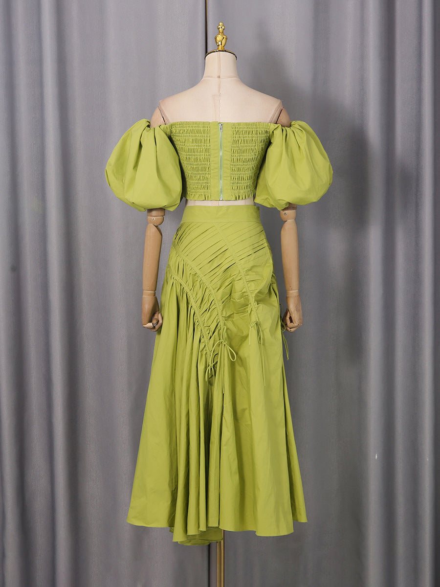 Giselle Drawstring Off-Shoulder Midi Skirt - Green Flowering Girl