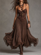 Dark Brown Lace-Paneled Chiffon Maxi Dress Flowering Girl