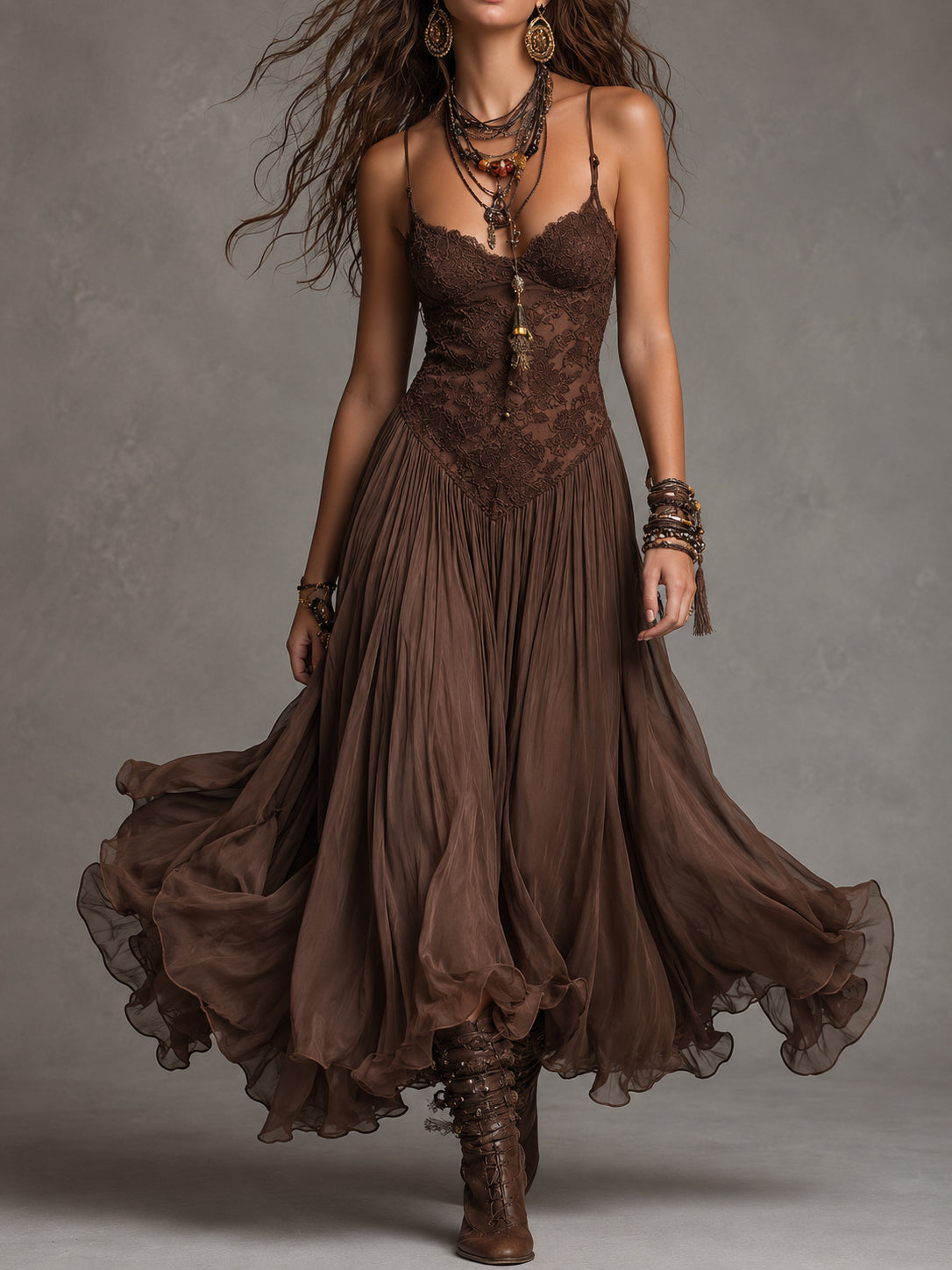 Dark Brown Lace-Paneled Chiffon Maxi Dress Flowering Girl